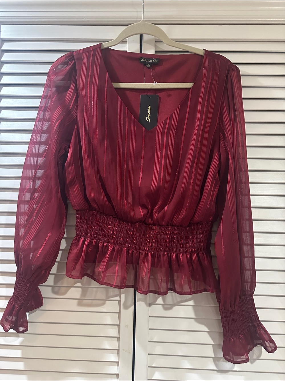 Shinestar Burgundy Sheer Stripe V-Neck Smocked Peplum Blouse